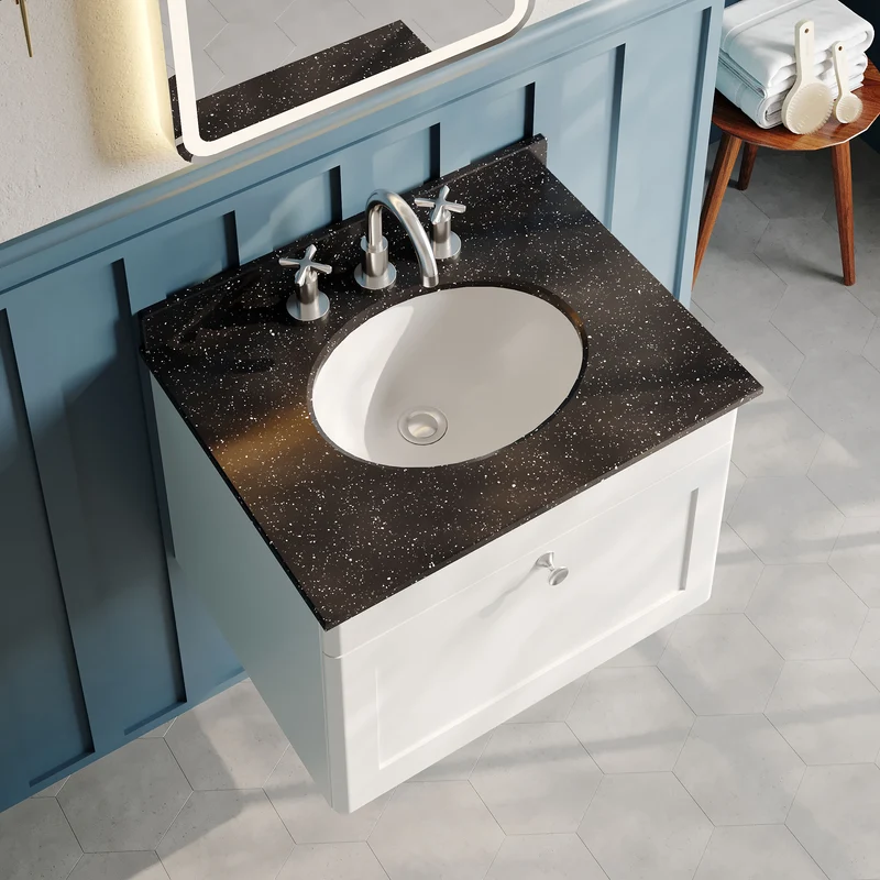 Classique 600mm Wall Hung Vanity Unit With 1 Drawer With Black Marble Worktop With Round Basin - Satin White
