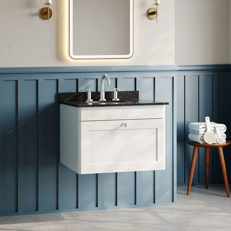 Classique 600mm Wall Hung Vanity Unit With 1 Drawer With Black Marble Worktop With Round Basin - Satin White
