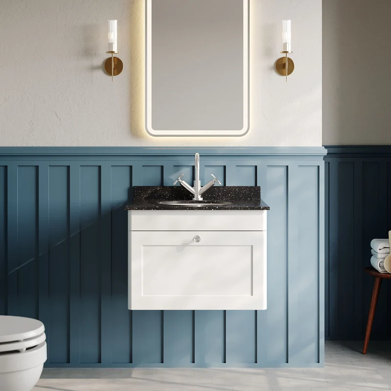 Classique 600mm Wall Hung Vanity Unit With 1 Drawer With Black Marble Worktop With Round Basin - Satin White