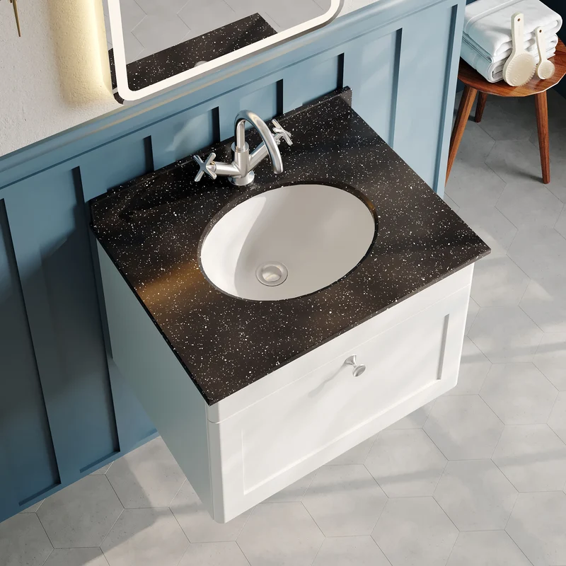 Classique 600mm Wall Hung Vanity Unit With 1 Drawer With Black Marble Worktop With Round Basin - Satin White