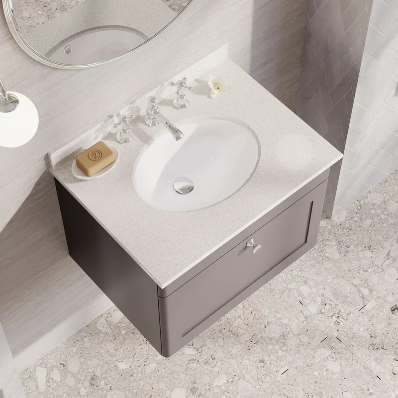 Classique 600mm Wall Hung Vanity Unit With 1 Drawer With White Marble Worktop With Round Basin - Satin Grey