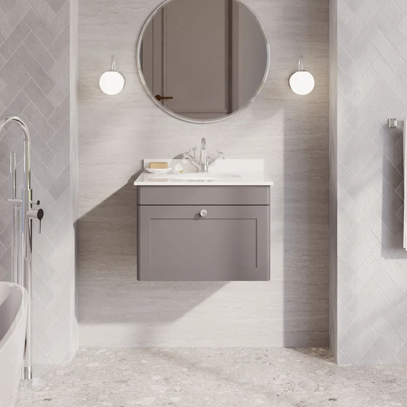 Classique 600mm Wall Hung Vanity Unit With 1 Drawer With White Marble Worktop With Round Basin - Satin Grey