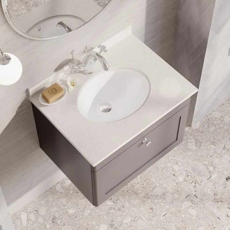 Classique 600mm Wall Hung Vanity Unit With 1 Drawer With White Marble Worktop With Round Basin - Satin Grey