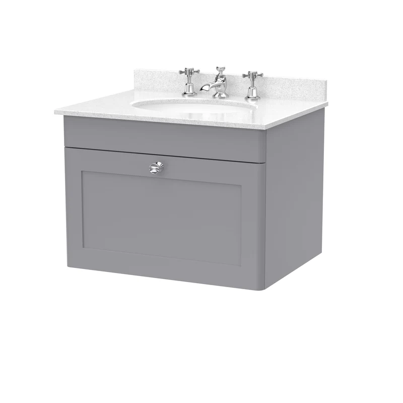 Classique 600mm Wall Hung Vanity Unit With 1 Drawer With White Marble Worktop With Round Basin - Satin Grey