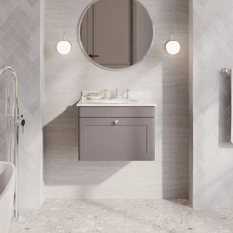Classique 600mm Wall Hung Vanity Unit With 1 Drawer With Grey Marble Worktop With Round Basin - Satin Grey
