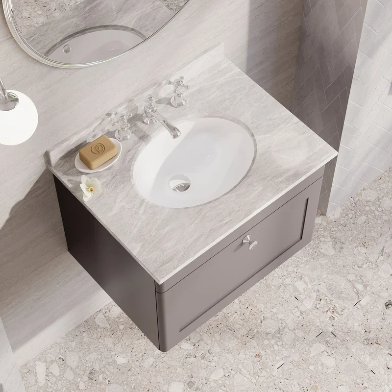 Classique 600mm Wall Hung Vanity Unit With 1 Drawer With Grey Marble Worktop With Round Basin - Satin Grey
