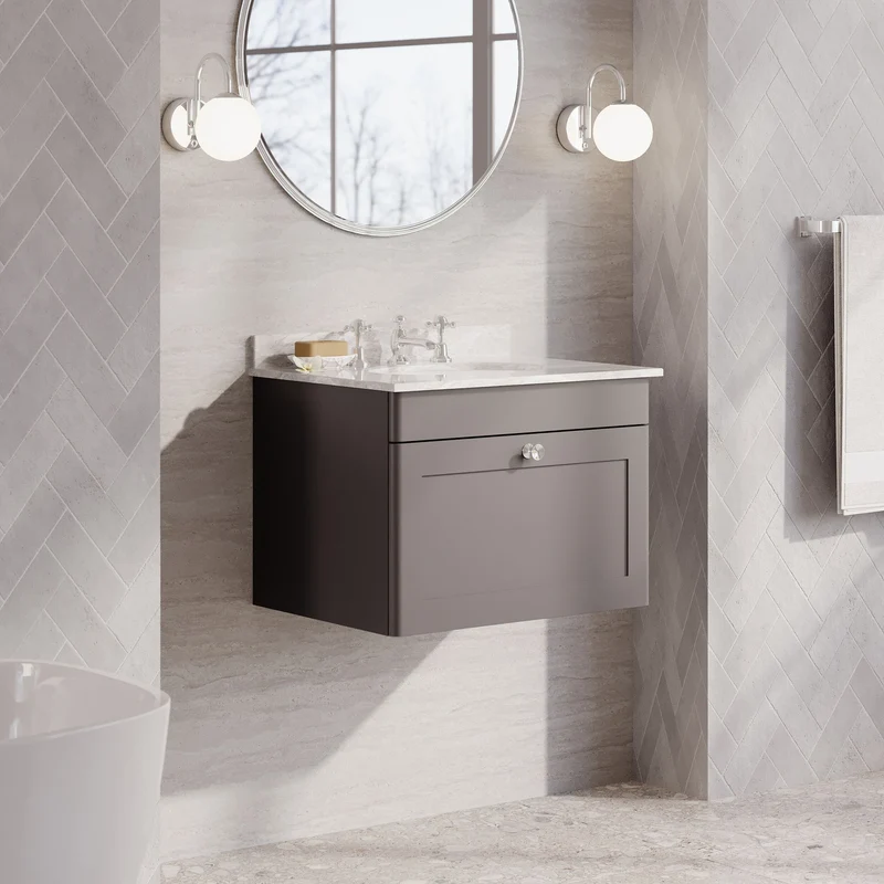 Classique 600mm Wall Hung Vanity Unit With 1 Drawer With Grey Marble Worktop With Round Basin - Satin Grey