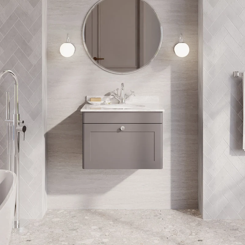 Classique 600mm Wall Hung Vanity Unit With 1 Drawer With Grey Marble Worktop With Round Basin - Satin Grey