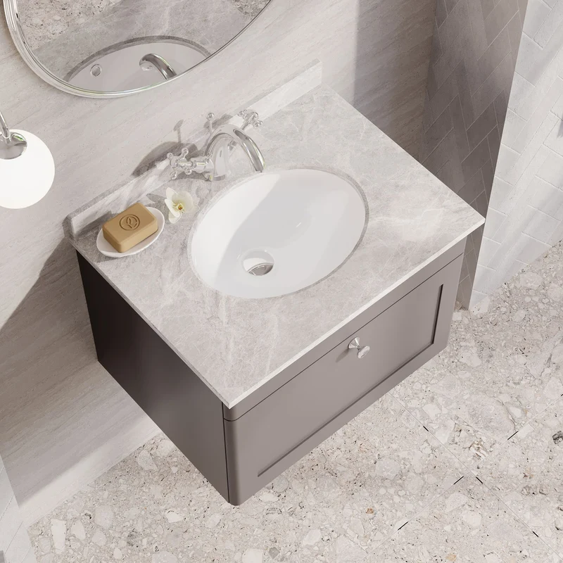 Classique 600mm Wall Hung Vanity Unit With 1 Drawer With Grey Marble Worktop With Round Basin - Satin Grey