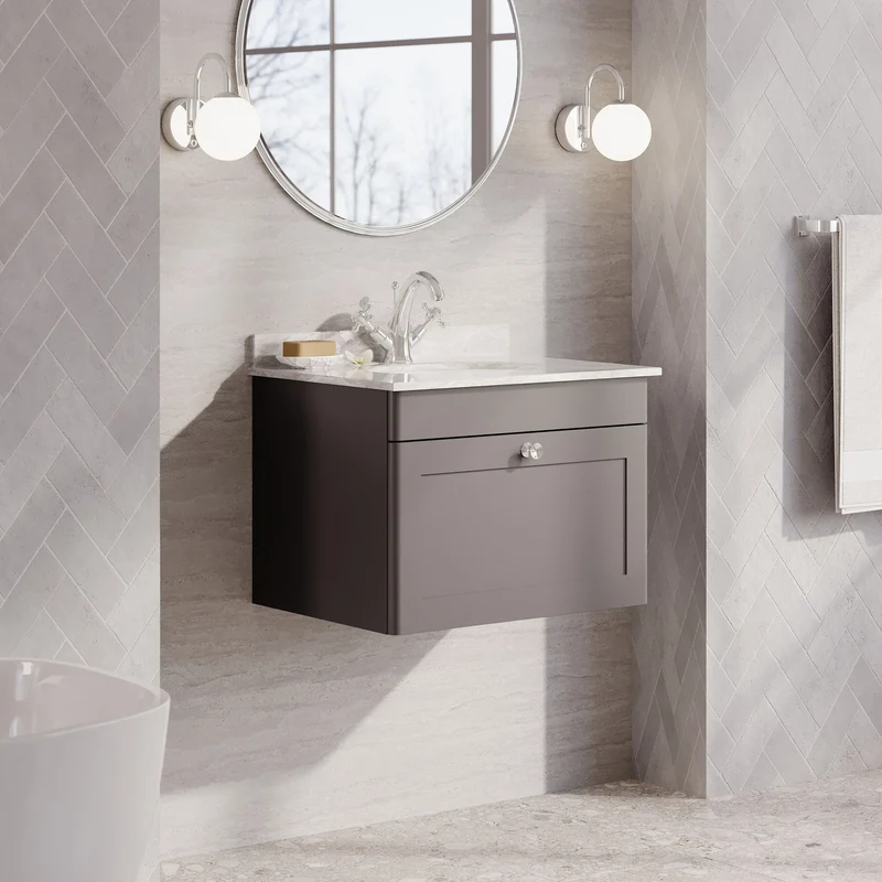 Classique 600mm Wall Hung Vanity Unit With 1 Drawer With Grey Marble Worktop With Round Basin - Satin Grey