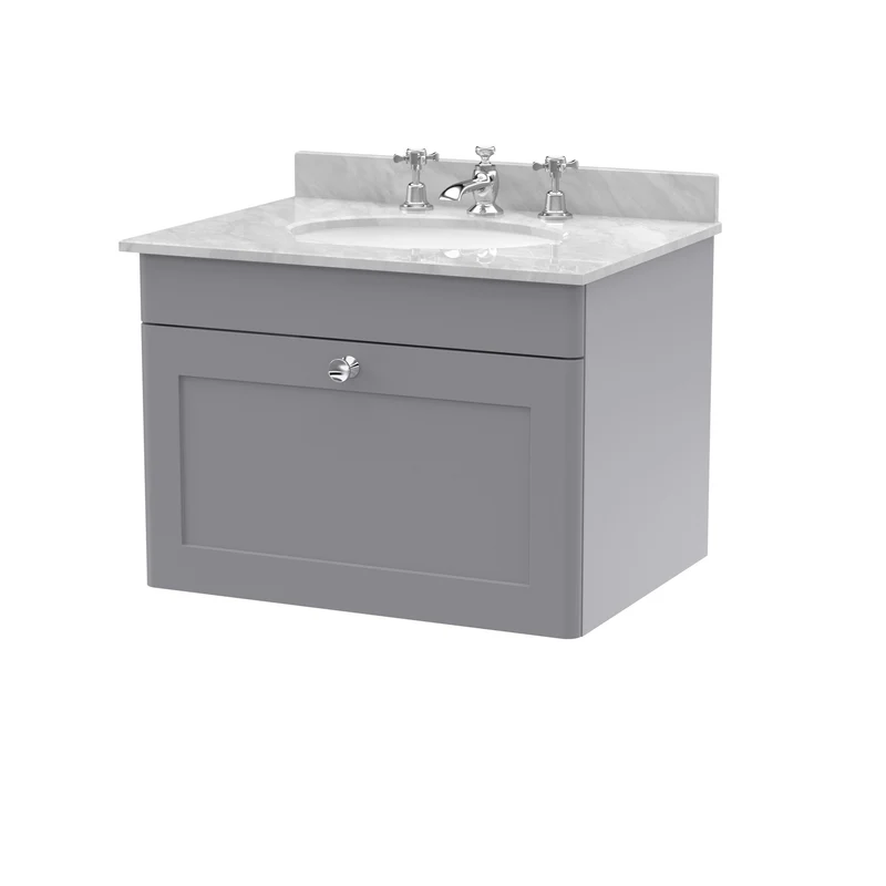 Classique 600mm Wall Hung Vanity Unit With 1 Drawer With Grey Marble Worktop With Round Basin - Satin Grey