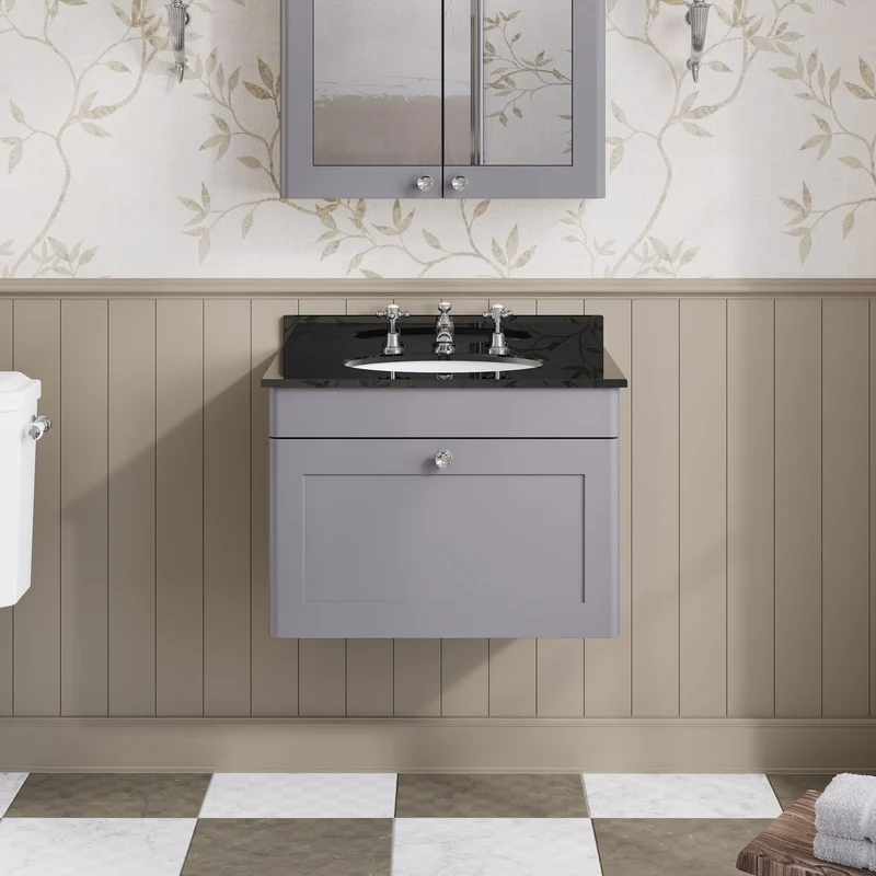 Classique 600mm Wall Hung Vanity Unit With 1 Drawer With Black Marble Worktop With Round Basin - Satin Grey