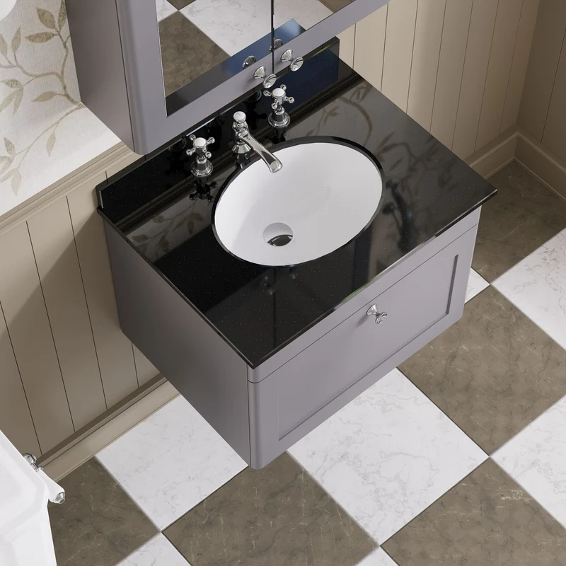 Classique 600mm Wall Hung Vanity Unit With 1 Drawer With Black Marble Worktop With Round Basin - Satin Grey
