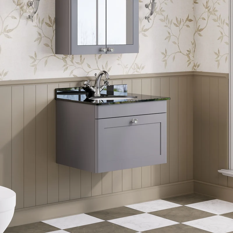 Classique 600mm Wall Hung Vanity Unit With 1 Drawer With Black Marble Worktop With Round Basin - Satin Grey