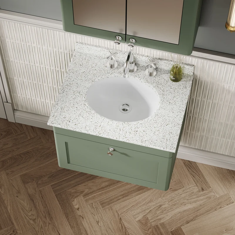 Classique 600mm Wall Hung Vanity Unit With 1 Drawer With White Marble Worktop With Round Basin - Satin Green