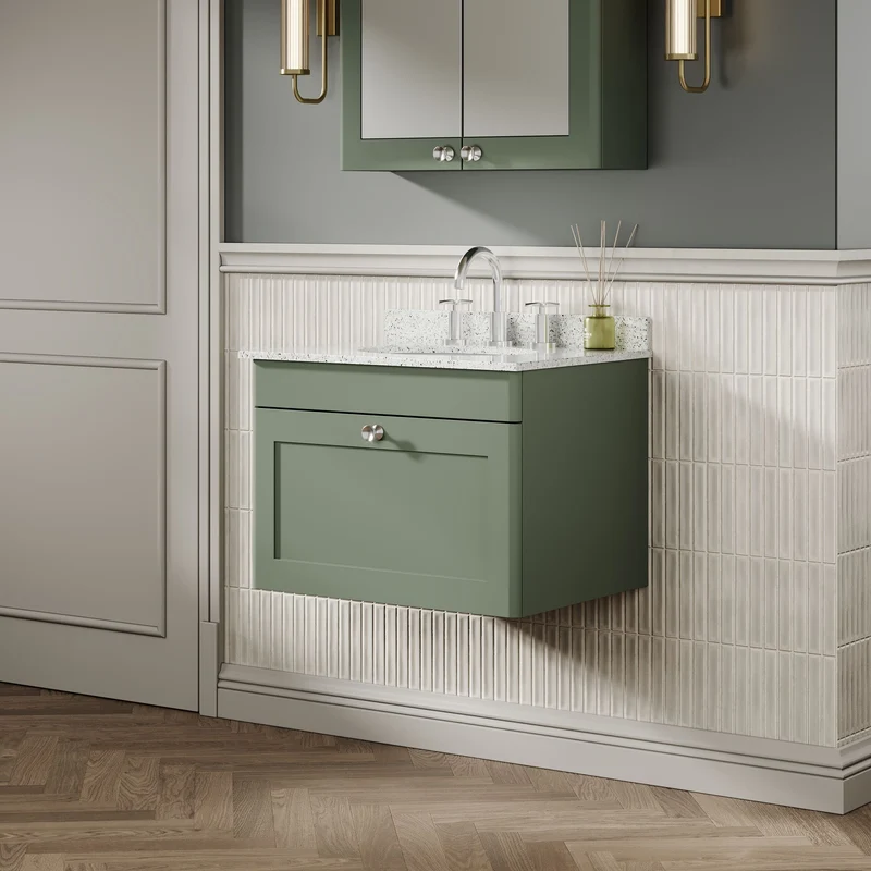 Classique 600mm Wall Hung Vanity Unit With 1 Drawer With White Marble Worktop With Round Basin - Satin Green