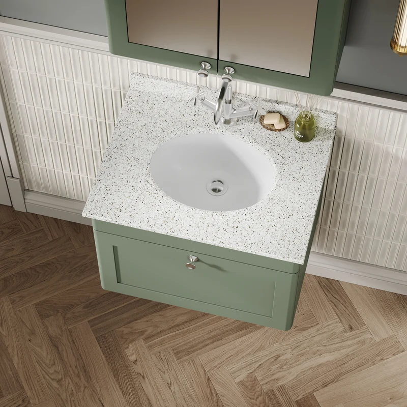 Classique 600mm Wall Hung Vanity Unit With 1 Drawer With White Marble Worktop With Round Basin - Satin Green