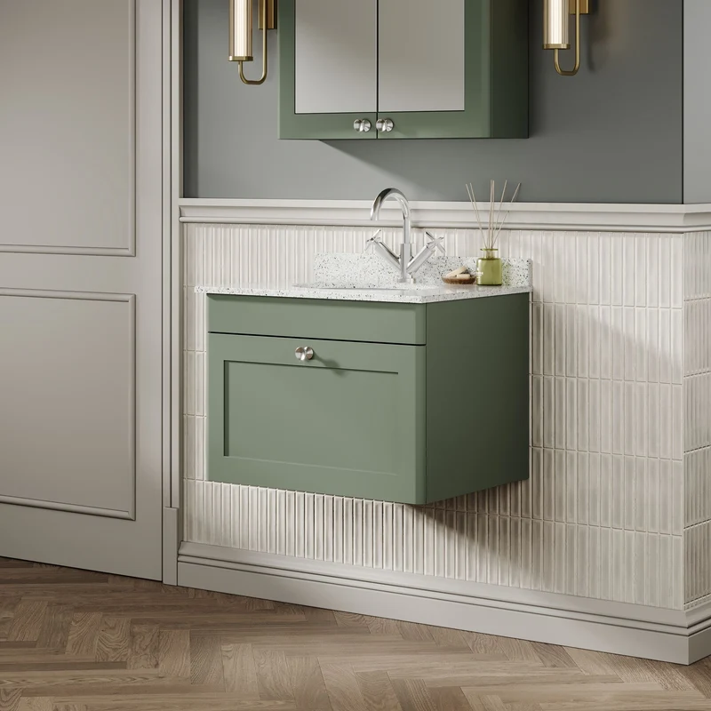 Classique 600mm Wall Hung Vanity Unit With 1 Drawer With White Marble Worktop With Round Basin - Satin Green