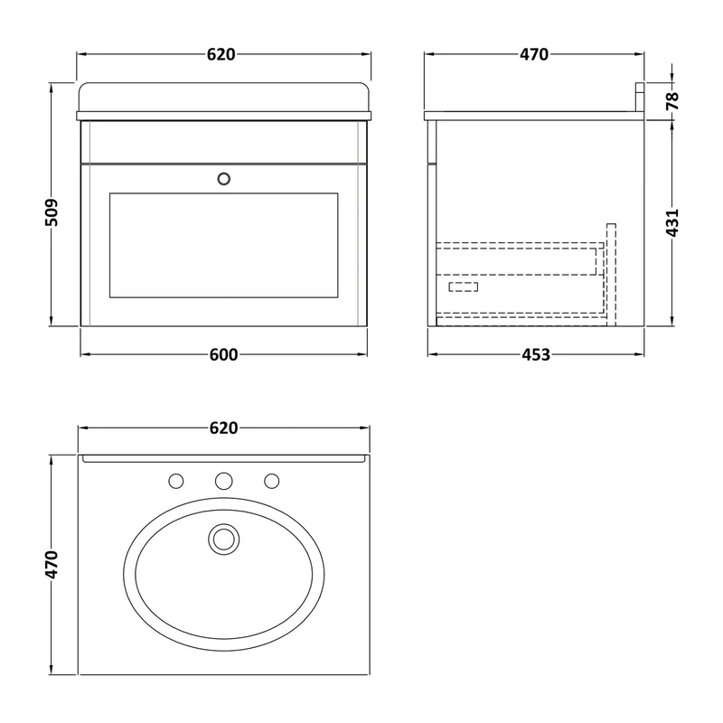 Classique 600mm Wall Hung Vanity Unit With 1 Drawer With White Marble Worktop With Round Basin - Satin Green