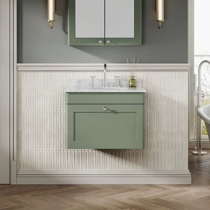 Classique 600mm Wall Hung Vanity Unit With 1 Drawer With Grey Marble Worktop With Round Basin - Satin Green