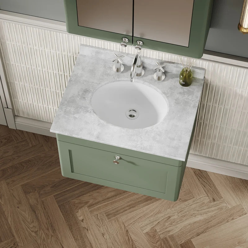 Classique 600mm Wall Hung Vanity Unit With 1 Drawer With Grey Marble Worktop With Round Basin - Satin Green