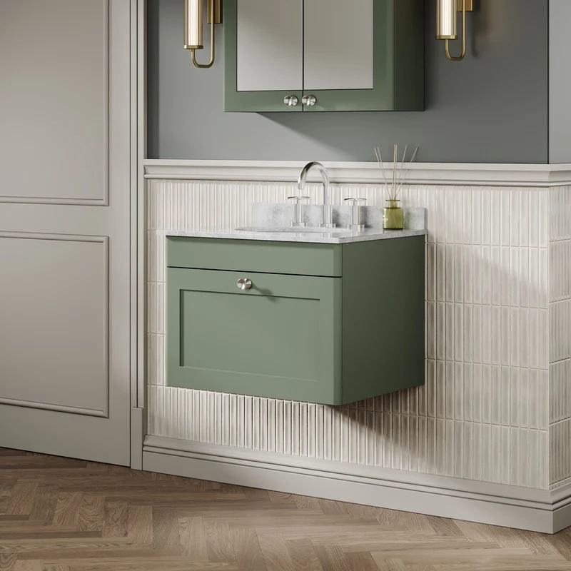 Classique 600mm Wall Hung Vanity Unit With 1 Drawer With Grey Marble Worktop With Round Basin - Satin Green