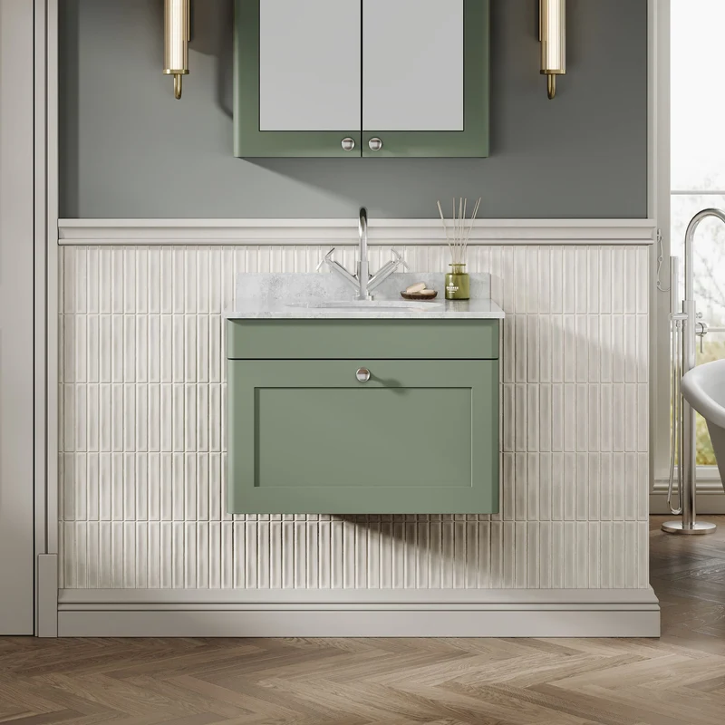 Classique 600mm Wall Hung Vanity Unit With 1 Drawer With Grey Marble Worktop With Round Basin - Satin Green