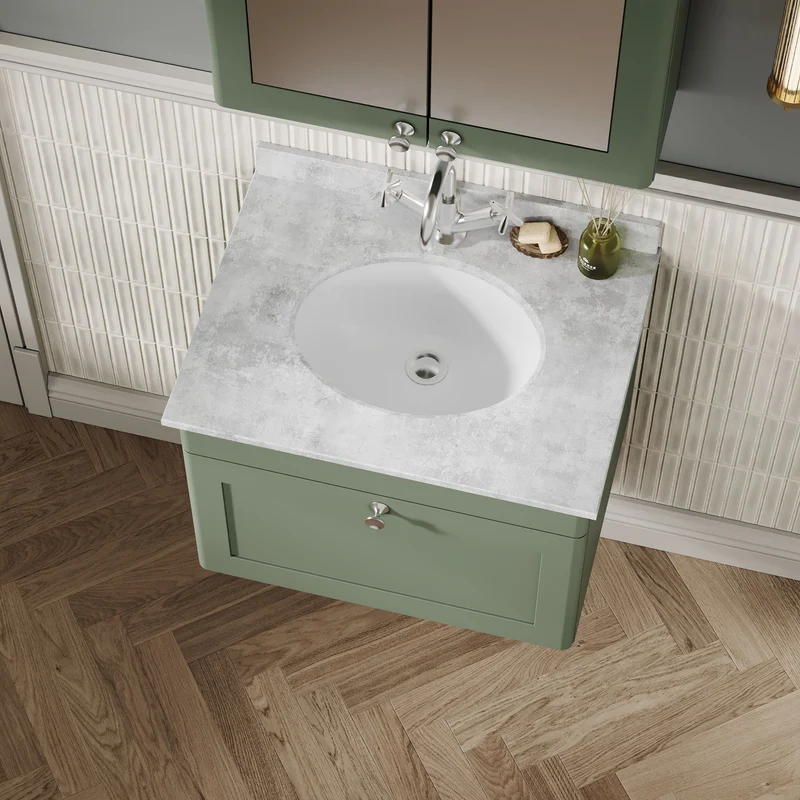Classique 600mm Wall Hung Vanity Unit With 1 Drawer With Grey Marble Worktop With Round Basin - Satin Green