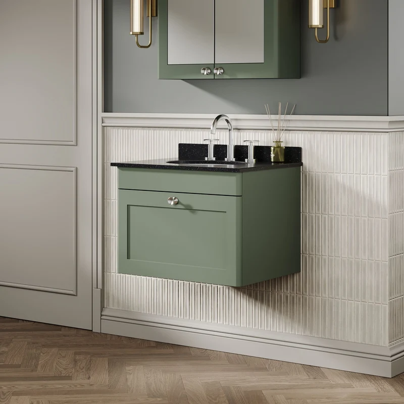 Classique 600mm Wall Hung Vanity Unit With 1 Drawer With Black Marble Worktop With Round Basin - Satin Green