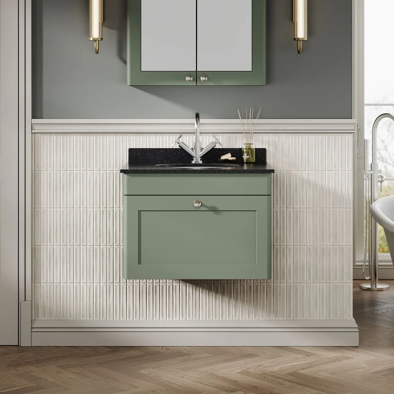 Classique 600mm Wall Hung Vanity Unit With 1 Drawer With Black Marble Worktop With Round Basin - Satin Green