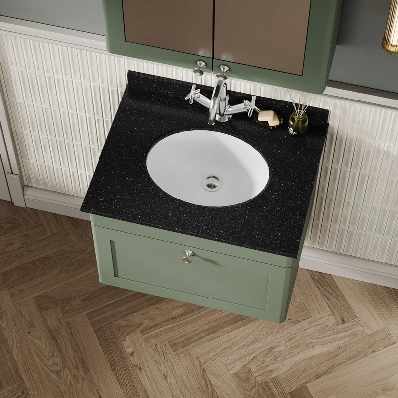 Classique 600mm Wall Hung Vanity Unit With 1 Drawer With Black Marble Worktop With Round Basin - Satin Green