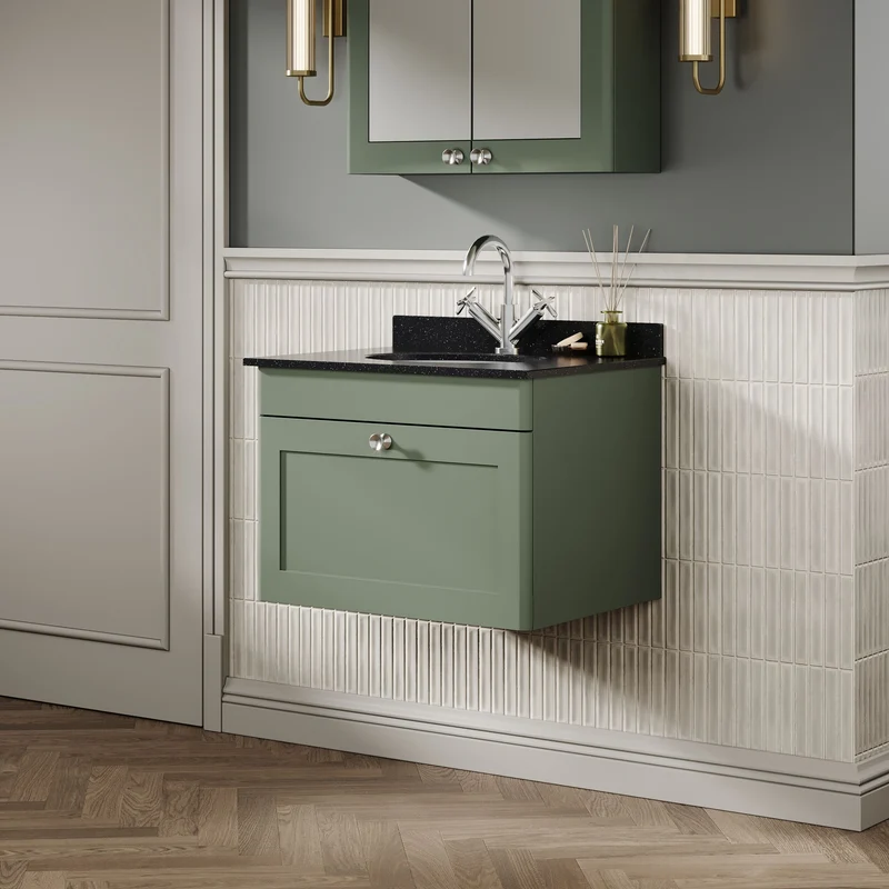 Classique 600mm Wall Hung Vanity Unit With 1 Drawer With Black Marble Worktop With Round Basin - Satin Green