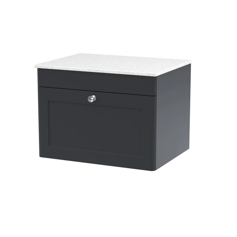 Classique 600mm Wall Hung Vanity Unit With 1 Drawer With White Marble Worktop - Satin Soft Black