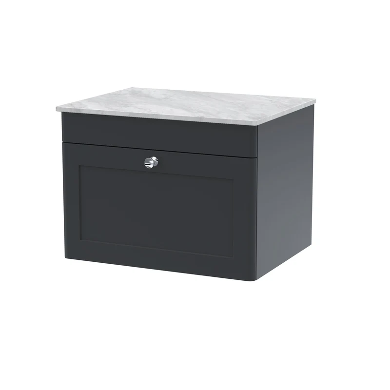 Classique 600mm Wall Hung Vanity Unit With 1 Drawer With Grey Marble Worktop - Satin Soft Black