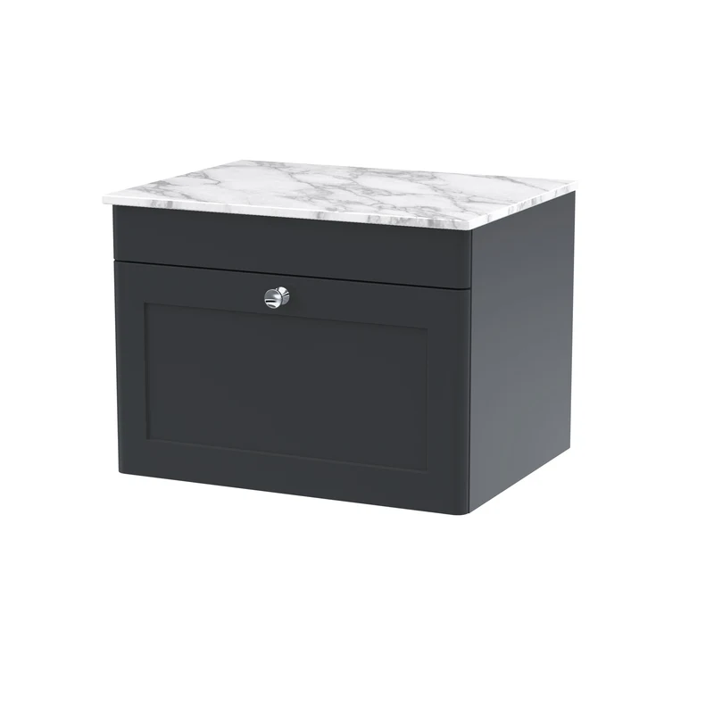 Classique 600mm Wall Hung Vanity Unit With 1 Drawer With Carrera Marble Worktop - Satin Soft Black