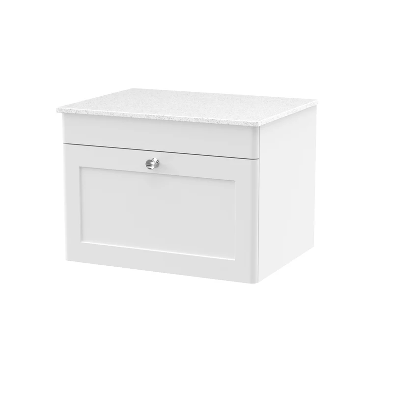 Classique 600mm Wall Hung Vanity Unit With 1 Drawer With White Marble Worktop - Satin White