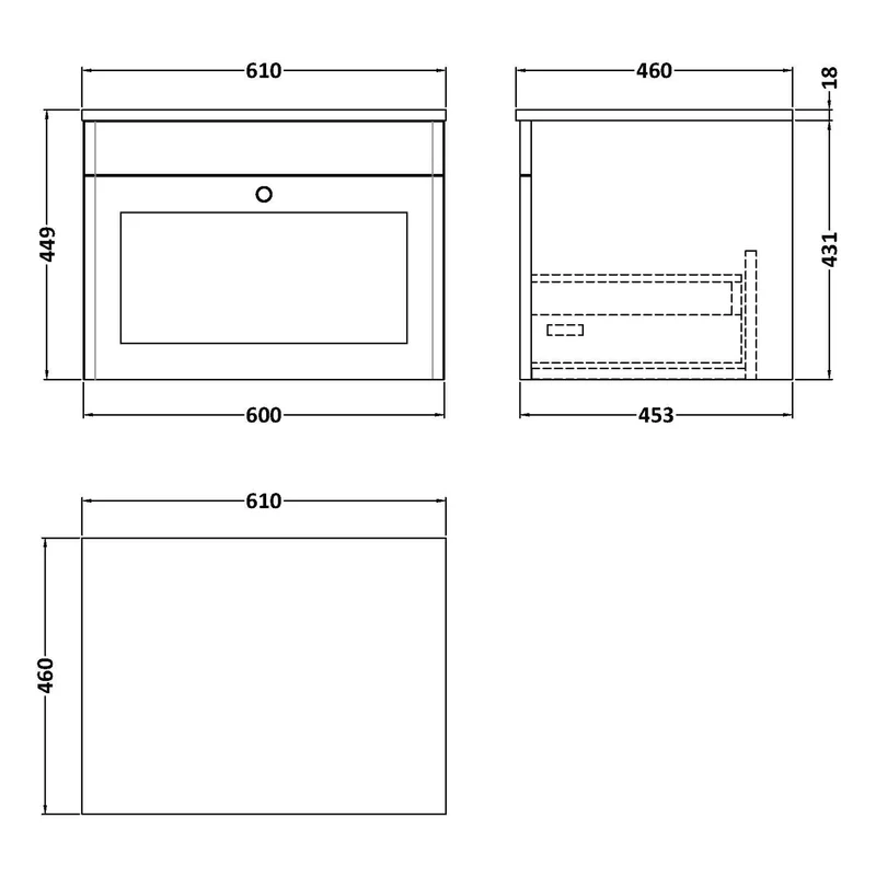 Classique 600mm Wall Hung Vanity Unit With 1 Drawer With White Marble Worktop - Satin White