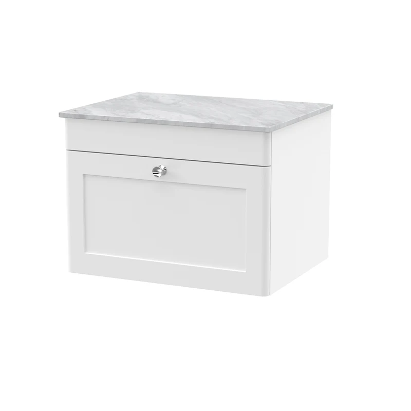 Classique 600mm Wall Hung Vanity Unit With 1 Drawer With Grey Marble Worktop - Satin White
