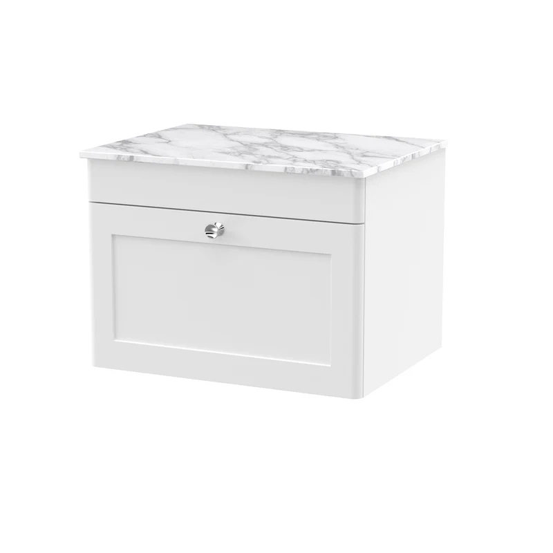 Classique 600mm Wall Hung Vanity Unit With 1 Drawer With Carrera Marble Worktop - Satin White