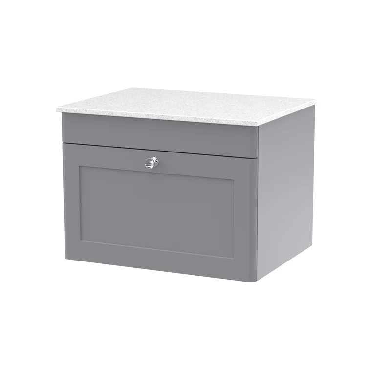 Classique 600mm Wall Hung Vanity Unit With 1 Drawer With White Marble Worktop - Satin Grey