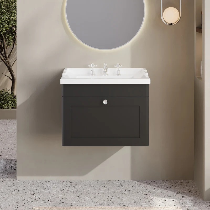 Classique 600mm Wall Hung Vanity Unit With 1 Drawer With Traditional Basin - Satin Soft Black