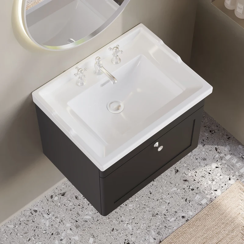 Classique 600mm Wall Hung Vanity Unit With 1 Drawer With Traditional Basin - Satin Soft Black
