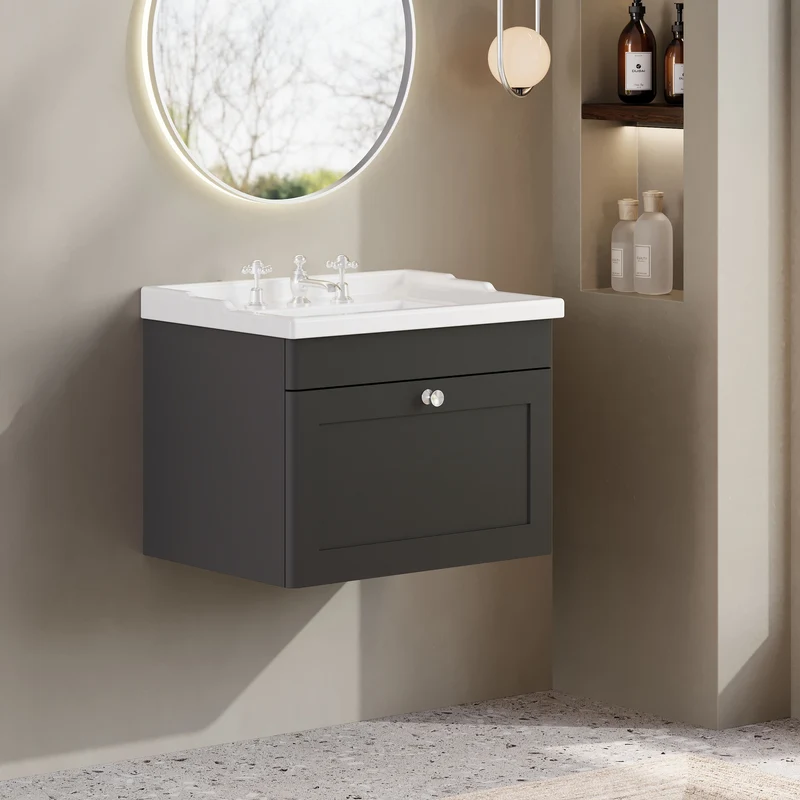 Classique 600mm Wall Hung Vanity Unit With 1 Drawer With Traditional Basin - Satin Soft Black