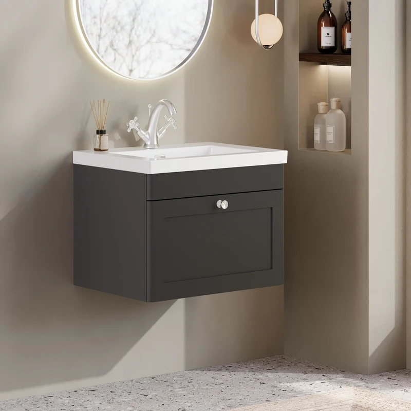 Classique 600mm Wall Hung Vanity Unit With 1 Drawer With Traditional Basin - Satin Soft Black
