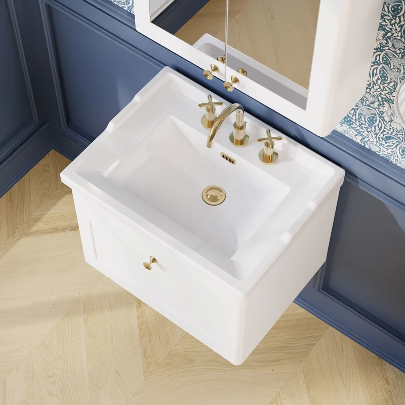 Classique 600mm Wall Hung Vanity Unit With 1 Drawer With Traditional Basin - Satin White
