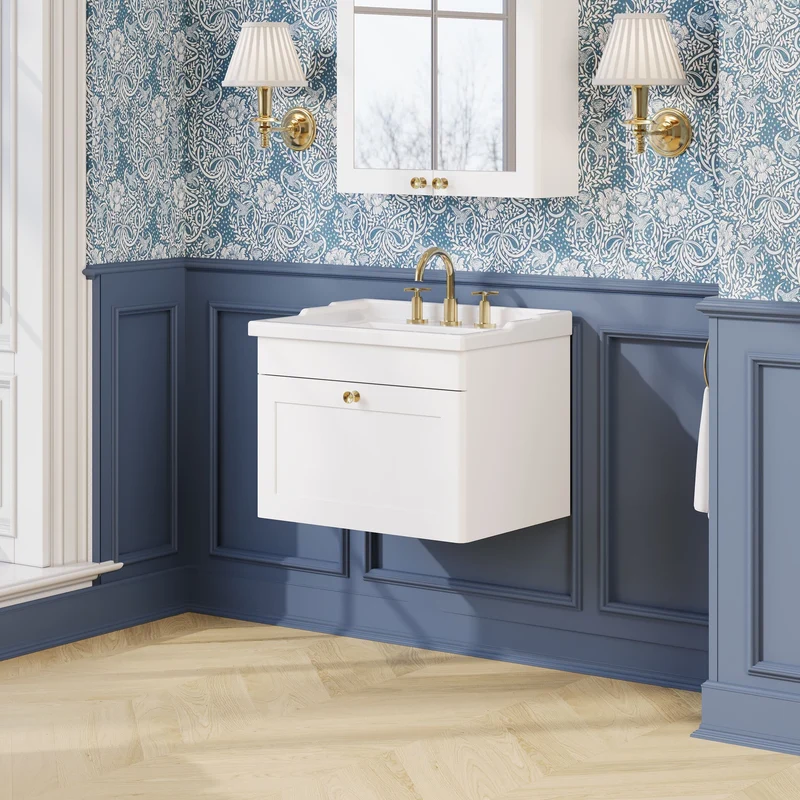 Classique 600mm Wall Hung Vanity Unit With 1 Drawer With Traditional Basin - Satin White