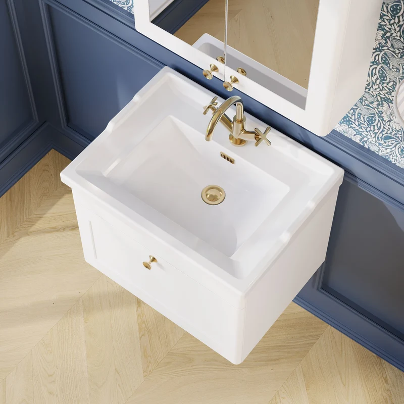 Classique 600mm Wall Hung Vanity Unit With 1 Drawer With Traditional Basin - Satin White
