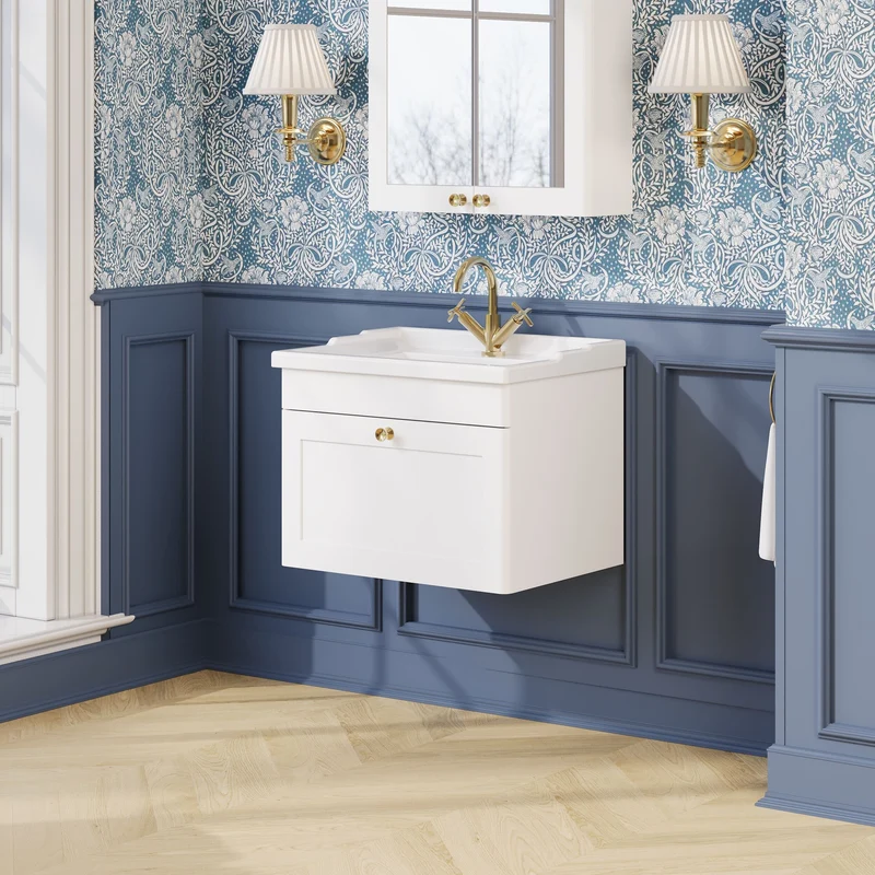 Classique 600mm Wall Hung Vanity Unit With 1 Drawer With Traditional Basin - Satin White