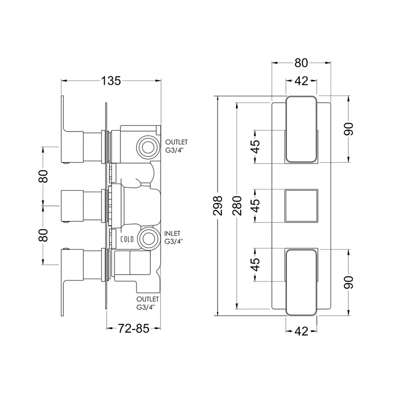 Nuie Windon Triple Thermostatic Valve With Diverter Contemporary Brushed Brass Brass ABS 300x80x135mm