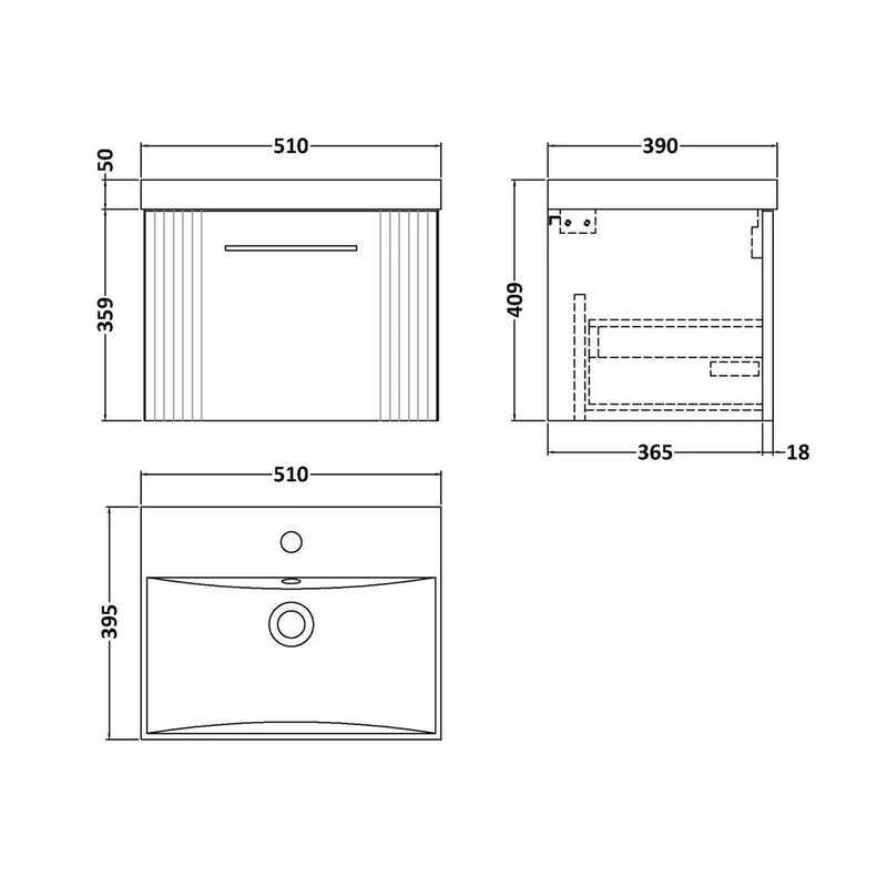 Nuie Deco 500mm Wall Hung Single Drawer Vanity & Basin 3 Contemporary Satin White MFC Painted Gloss 409x510x390mm